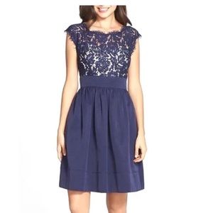 Eliza J Blue Lace & Faille Dress Size 14p petite navy blue fit and flare